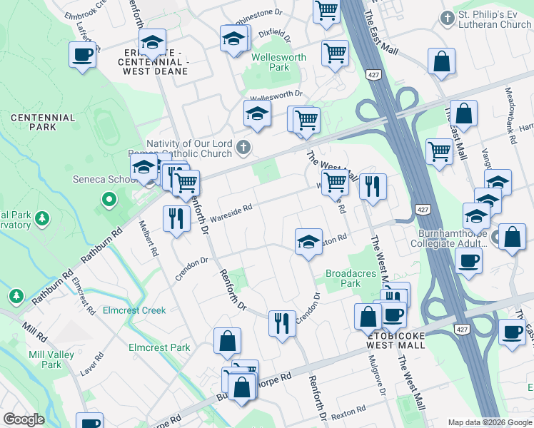 map of restaurants, bars, coffee shops, grocery stores, and more near in Toronto