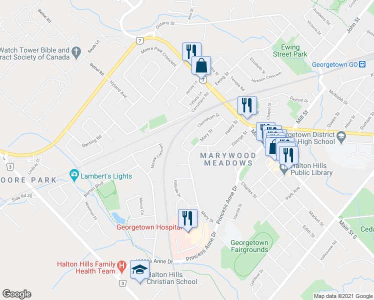 map of restaurants, bars, coffee shops, grocery stores, and more near 34 Mary Street in Halton Hills