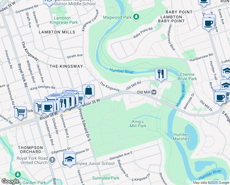 map of restaurants, bars, coffee shops, grocery stores, and more near 4 The Kingsway in Toronto