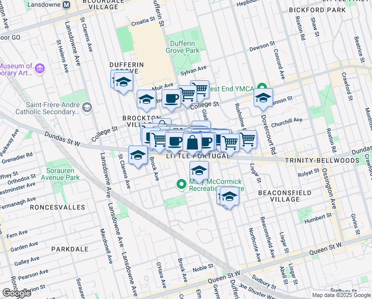 map of restaurants, bars, coffee shops, grocery stores, and more near 1512 Boland Lane in Toronto
