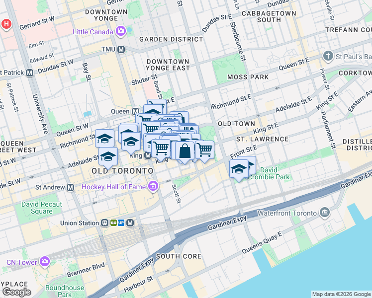 map of restaurants, bars, coffee shops, grocery stores, and more near 92 King Street East in Toronto