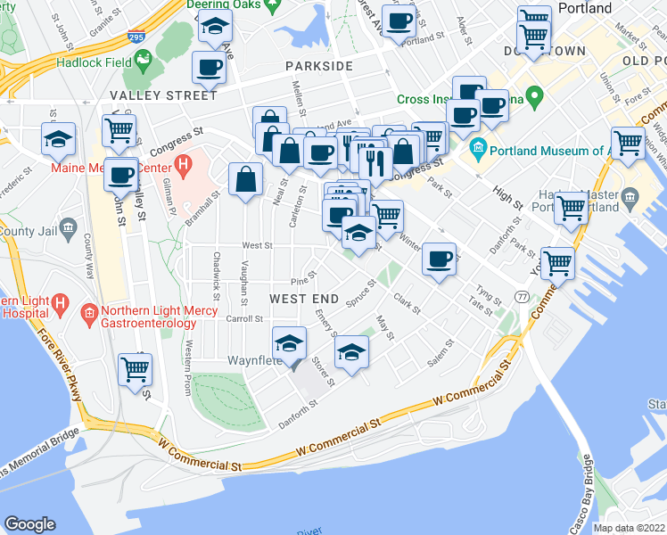 map of restaurants, bars, coffee shops, grocery stores, and more near 15 Lewis Street in Portland