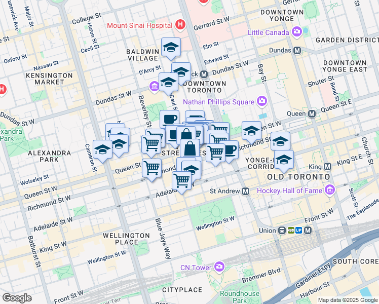 map of restaurants, bars, coffee shops, grocery stores, and more near 199 Richmond Street West in Toronto