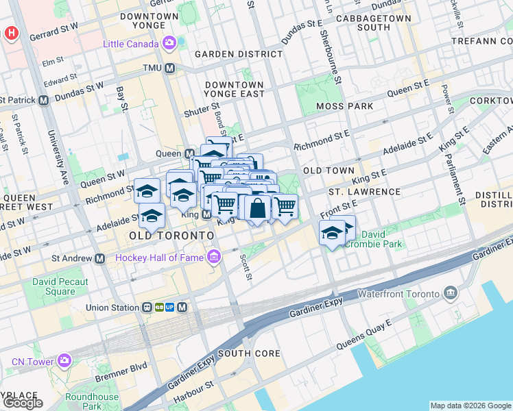 map of restaurants, bars, coffee shops, grocery stores, and more near 92 King Street East in Toronto