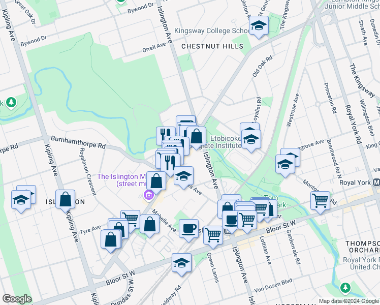 map of restaurants, bars, coffee shops, grocery stores, and more near 4869 Dundas Street West in Toronto