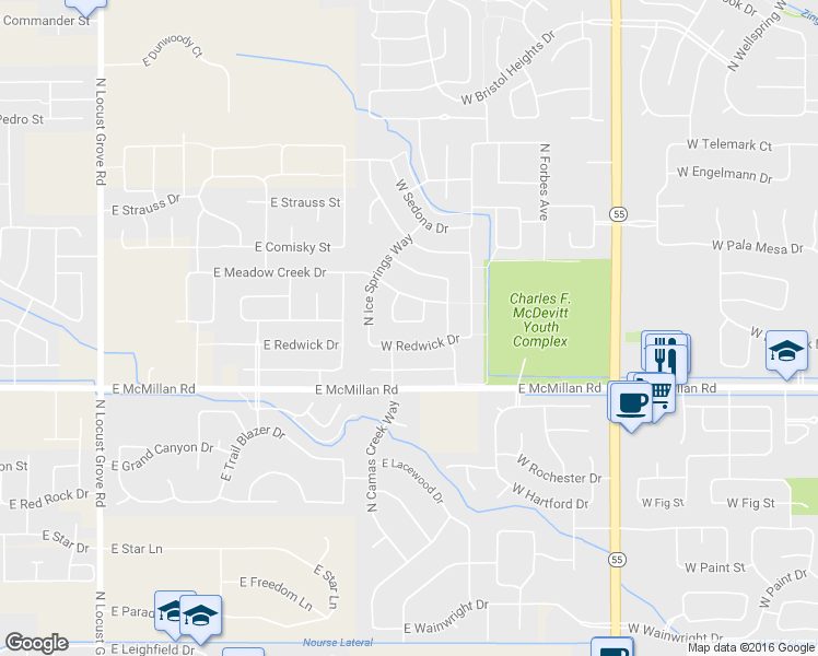 map of restaurants, bars, coffee shops, grocery stores, and more near 14425 West Roaring Creek Street in Boise