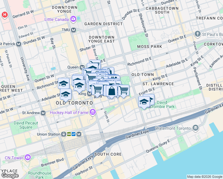map of restaurants, bars, coffee shops, grocery stores, and more near 92 King Street East in Toronto
