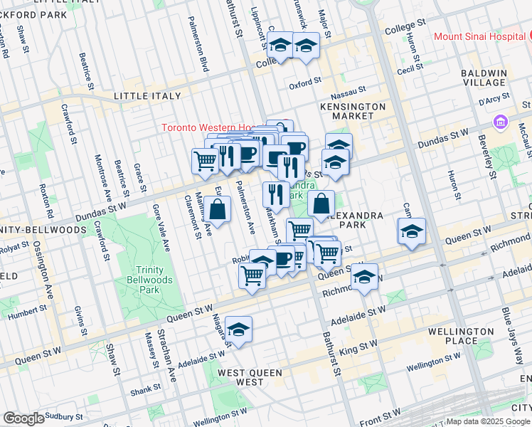 map of restaurants, bars, coffee shops, grocery stores, and more near 96 Markham Street in Toronto