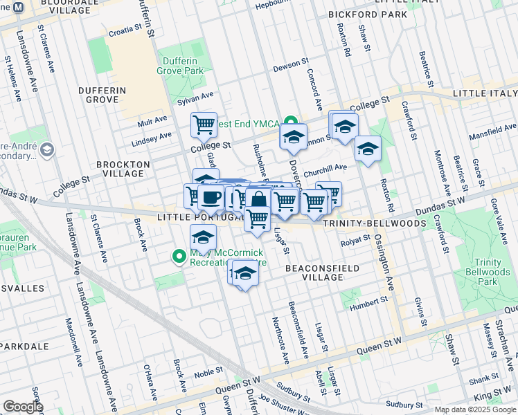 map of restaurants, bars, coffee shops, grocery stores, and more near 9 Rusholme Drive in Toronto