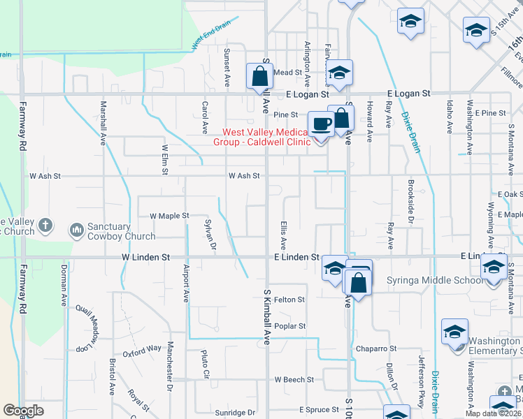 map of restaurants, bars, coffee shops, grocery stores, and more near 103 West Oak Street in Caldwell
