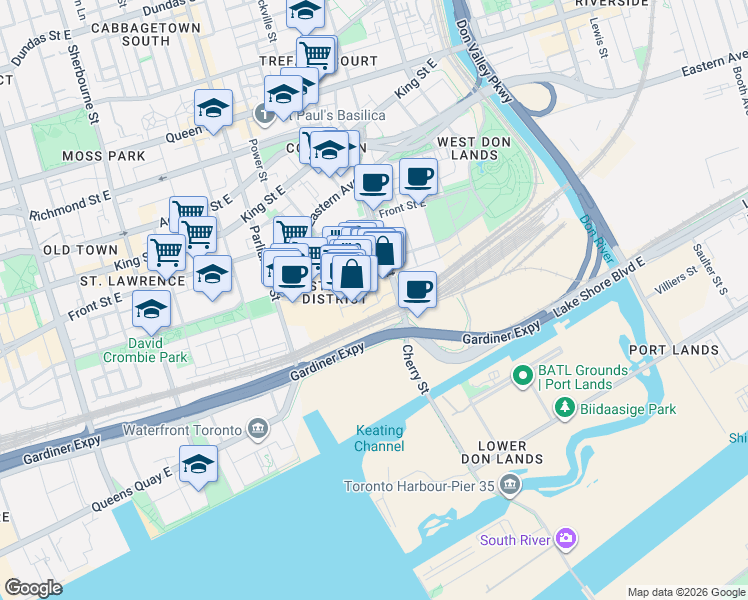 map of restaurants, bars, coffee shops, grocery stores, and more near 70 Distillery Lane in Toronto