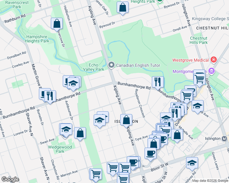 map of restaurants, bars, coffee shops, grocery stores, and more near 1090 Kipling Avenue in Toronto