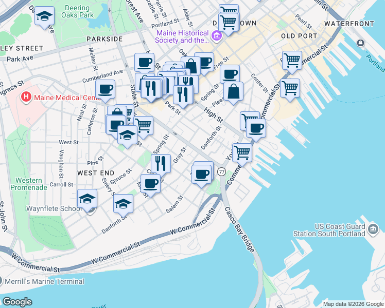 map of restaurants, bars, coffee shops, grocery stores, and more near 15 Winter Street in Portland