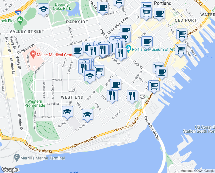 map of restaurants, bars, coffee shops, grocery stores, and more near 113 Brackett Street in Portland