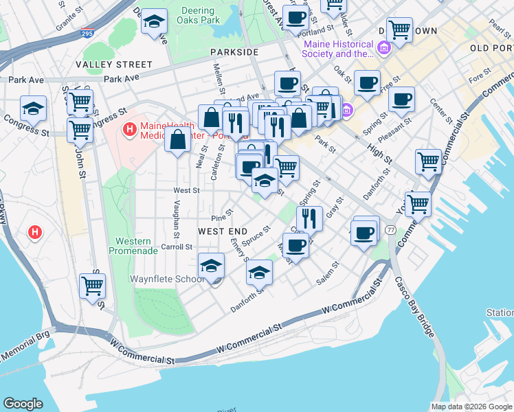 map of restaurants, bars, coffee shops, grocery stores, and more near 162 Clark Street in Portland