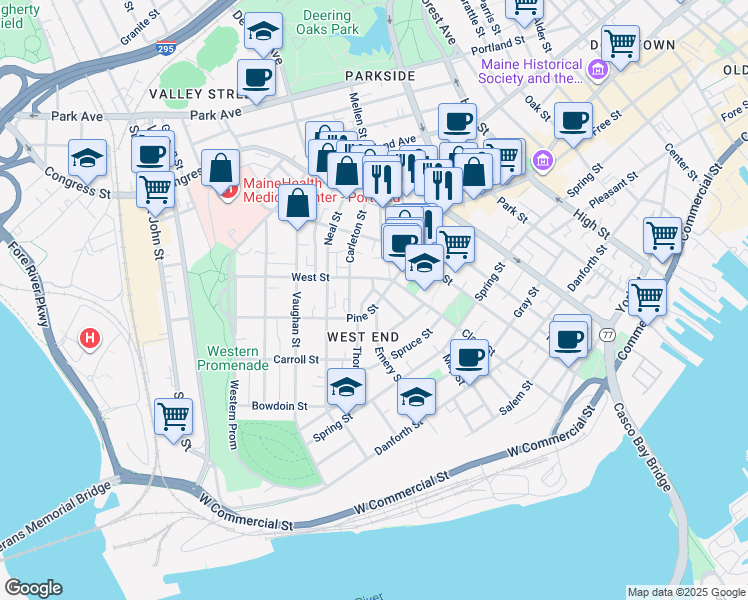 map of restaurants, bars, coffee shops, grocery stores, and more near 11 Carleton Street in Portland