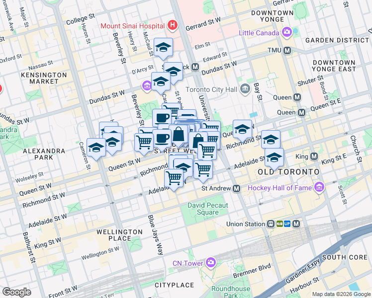 map of restaurants, bars, coffee shops, grocery stores, and more near in Toronto