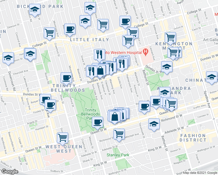 map of restaurants, bars, coffee shops, grocery stores, and more near in Toronto
