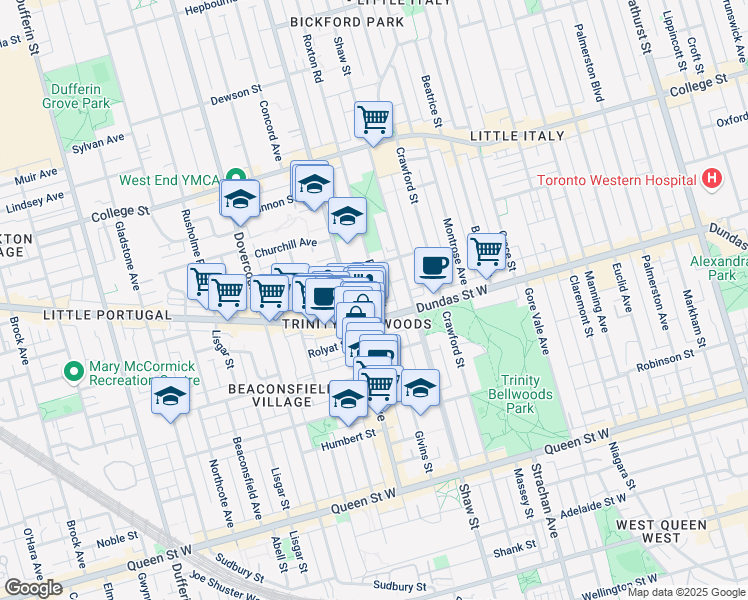 map of restaurants, bars, coffee shops, grocery stores, and more near in Toronto