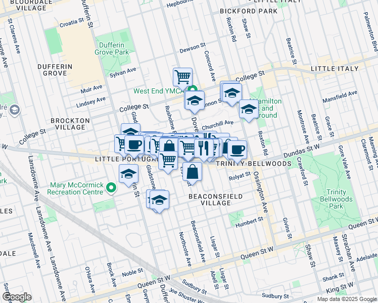 map of restaurants, bars, coffee shops, grocery stores, and more near 1305 A Dundas Street West in Toronto