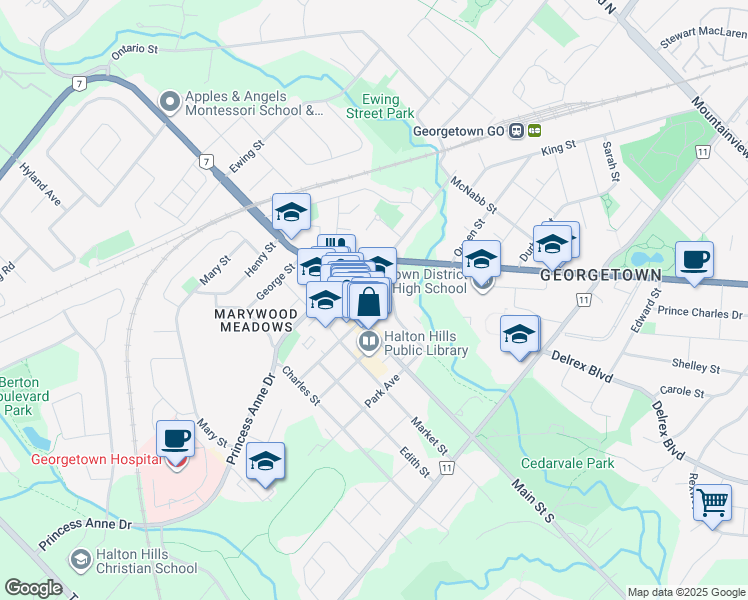 map of restaurants, bars, coffee shops, grocery stores, and more near in Halton Hills