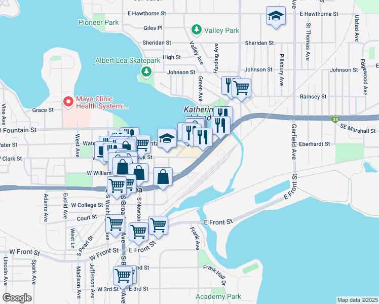 map of restaurants, bars, coffee shops, grocery stores, and more near 319 East Clark Street in Albert Lea