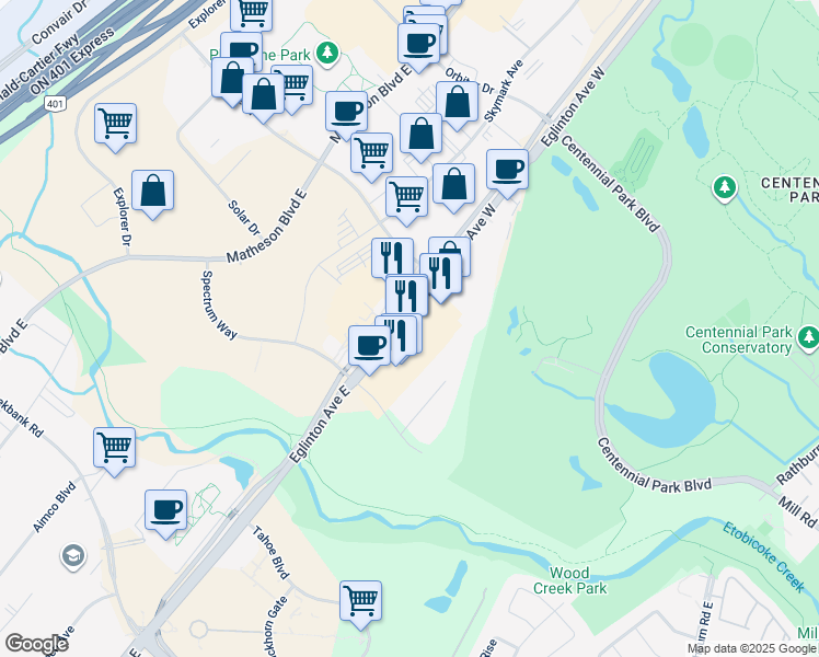 map of restaurants, bars, coffee shops, grocery stores, and more near 5555 Eglinton Avenue West in Toronto