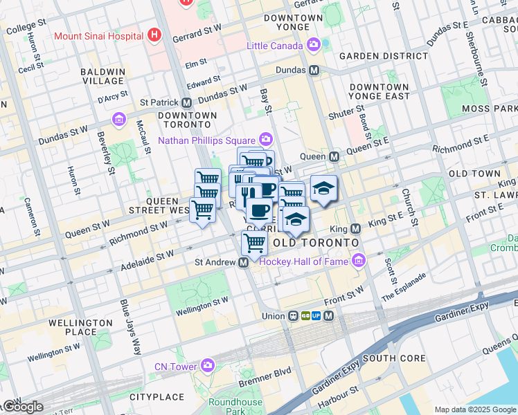 map of restaurants, bars, coffee shops, grocery stores, and more near 165 York Street in Toronto