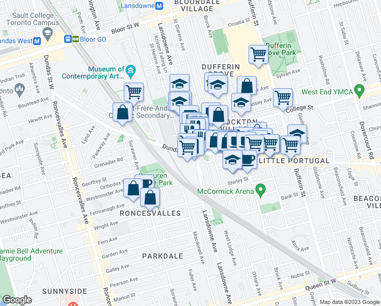 map of restaurants, bars, coffee shops, grocery stores, and more near 505 Dundas Street West in Toronto