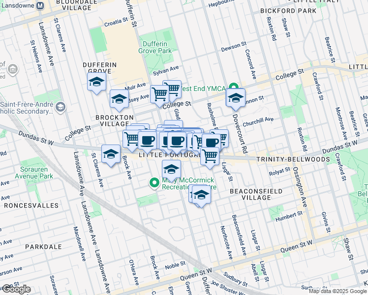 map of restaurants, bars, coffee shops, grocery stores, and more near 248 Gladstone Avenue in Toronto