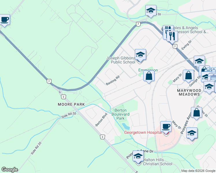 map of restaurants, bars, coffee shops, grocery stores, and more near 25 Banting Road in Halton Hills