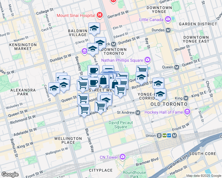 map of restaurants, bars, coffee shops, grocery stores, and more near 247 Queen Street West in Toronto