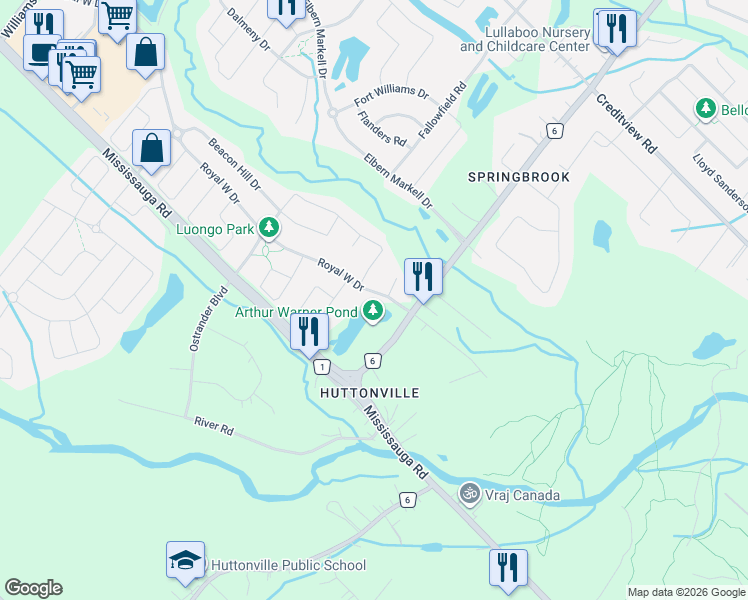 map of restaurants, bars, coffee shops, grocery stores, and more near 12 Royal West Drive in Brampton