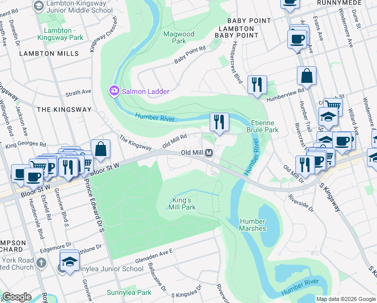 map of restaurants, bars, coffee shops, grocery stores, and more near 2684 Bloor Street West in Toronto