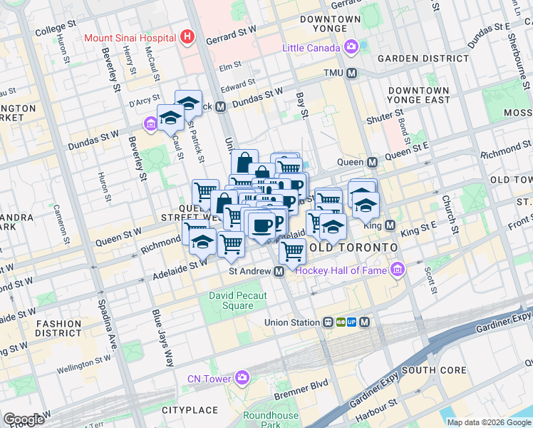 map of restaurants, bars, coffee shops, grocery stores, and more near 145 Richmond Street West in Toronto