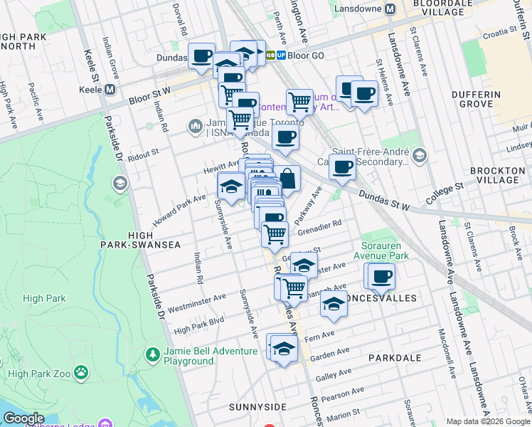 map of restaurants, bars, coffee shops, grocery stores, and more near 371 Roncesvalles Avenue in Toronto