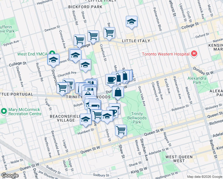 map of restaurants, bars, coffee shops, grocery stores, and more near in Toronto