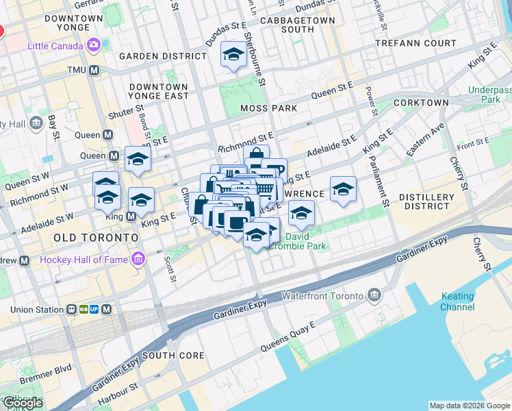 map of restaurants, bars, coffee shops, grocery stores, and more near 25 George Street in Toronto