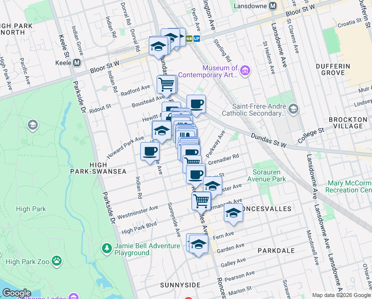 map of restaurants, bars, coffee shops, grocery stores, and more near 371 Roncesvalles Avenue in Toronto