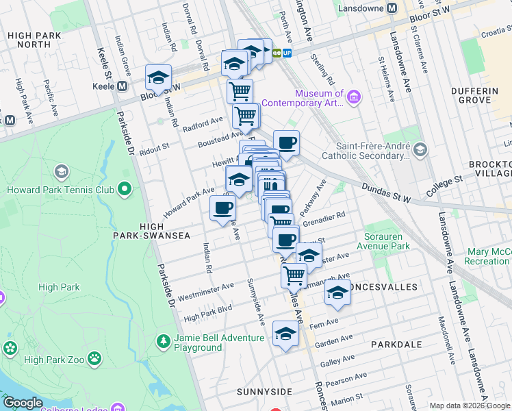 map of restaurants, bars, coffee shops, grocery stores, and more near 19 Marmaduke Street in Toronto