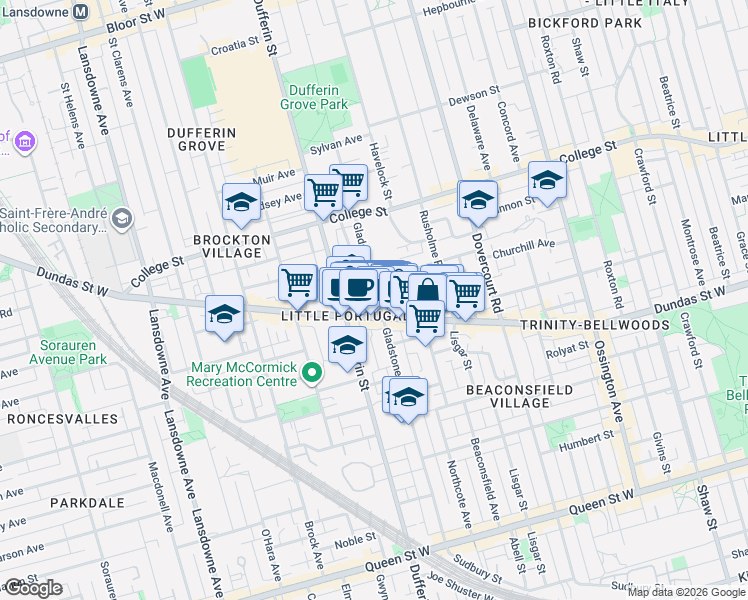 map of restaurants, bars, coffee shops, grocery stores, and more near 248 Gladstone Avenue in Toronto