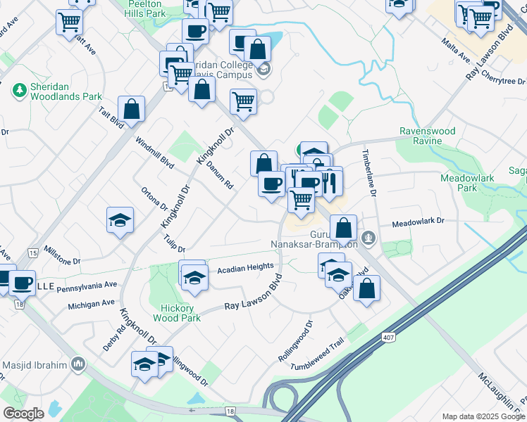 map of restaurants, bars, coffee shops, grocery stores, and more near 22 Butlers Court in Brampton