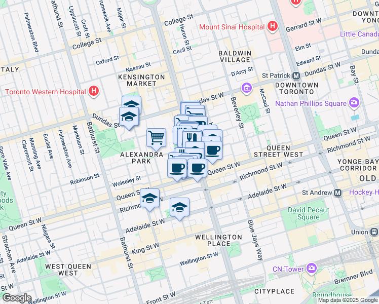 map of restaurants, bars, coffee shops, grocery stores, and more near in Toronto