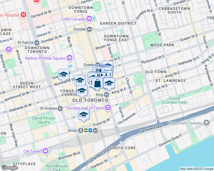 map of restaurants, bars, coffee shops, grocery stores, and more near 1 Adelaide Street East in Toronto