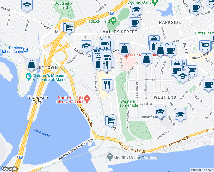 map of restaurants, bars, coffee shops, grocery stores, and more near 210 Saint John Street in Portland