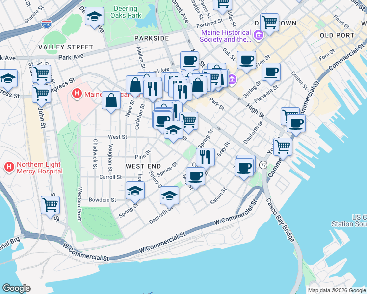 map of restaurants, bars, coffee shops, grocery stores, and more near 162 Clark Street in Portland