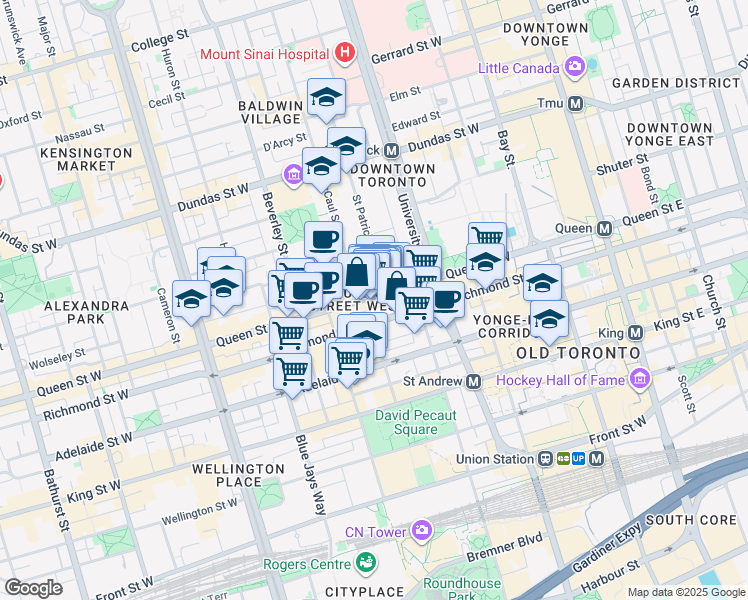 map of restaurants, bars, coffee shops, grocery stores, and more near 261 Queen Street West in Toronto
