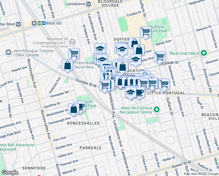 map of restaurants, bars, coffee shops, grocery stores, and more near Dundas St W & Lansdowne Ave in Toronto