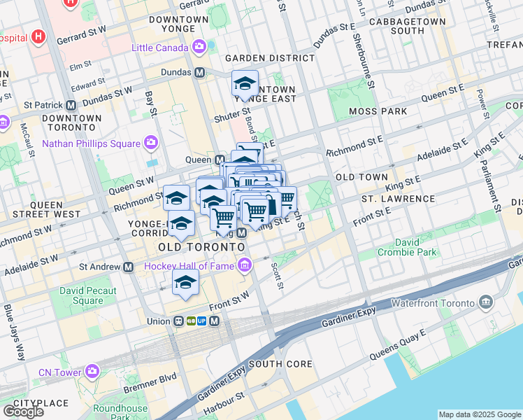 map of restaurants, bars, coffee shops, grocery stores, and more near in Toronto
