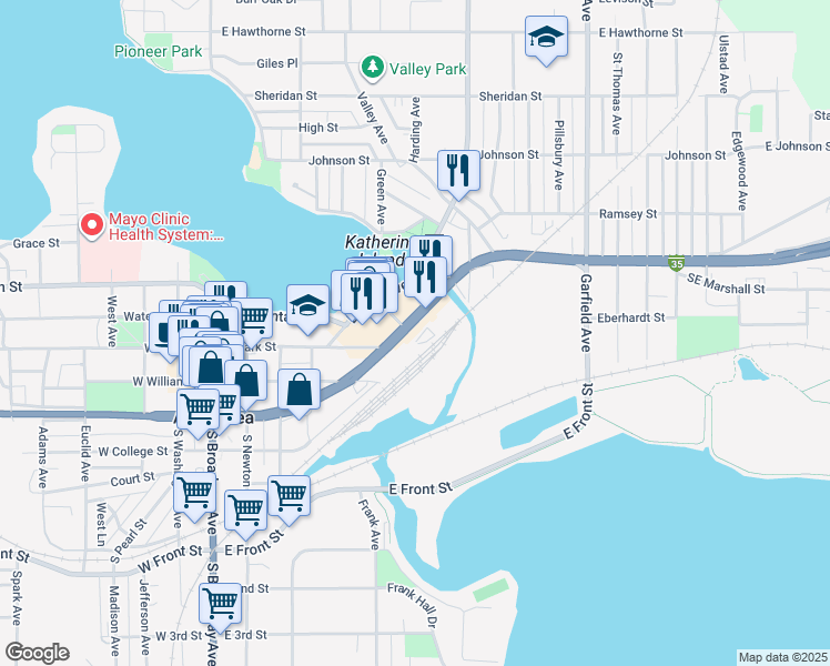 map of restaurants, bars, coffee shops, grocery stores, and more near 620 East Main Street in Albert Lea